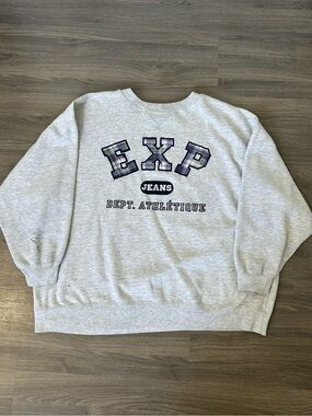 Vintage EXP Jeans Dept Oversized Grey Graphic Patch Crewneck Sweatshirt Plaid